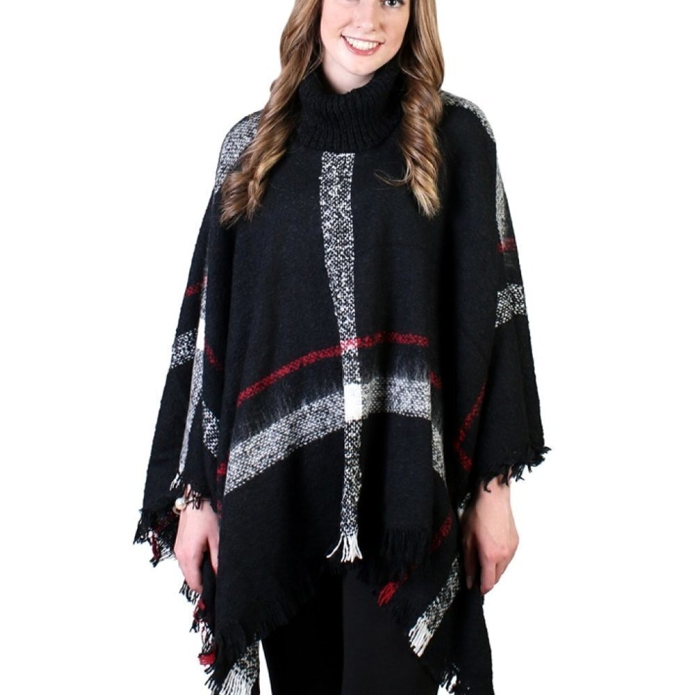 Cherie Bliss  Fringed Turtleneck Poncho BLack plaid OSFA